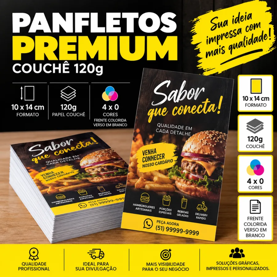 Panfleto Premium 10 × 14 cm em Couchê 120g 4X0 COR