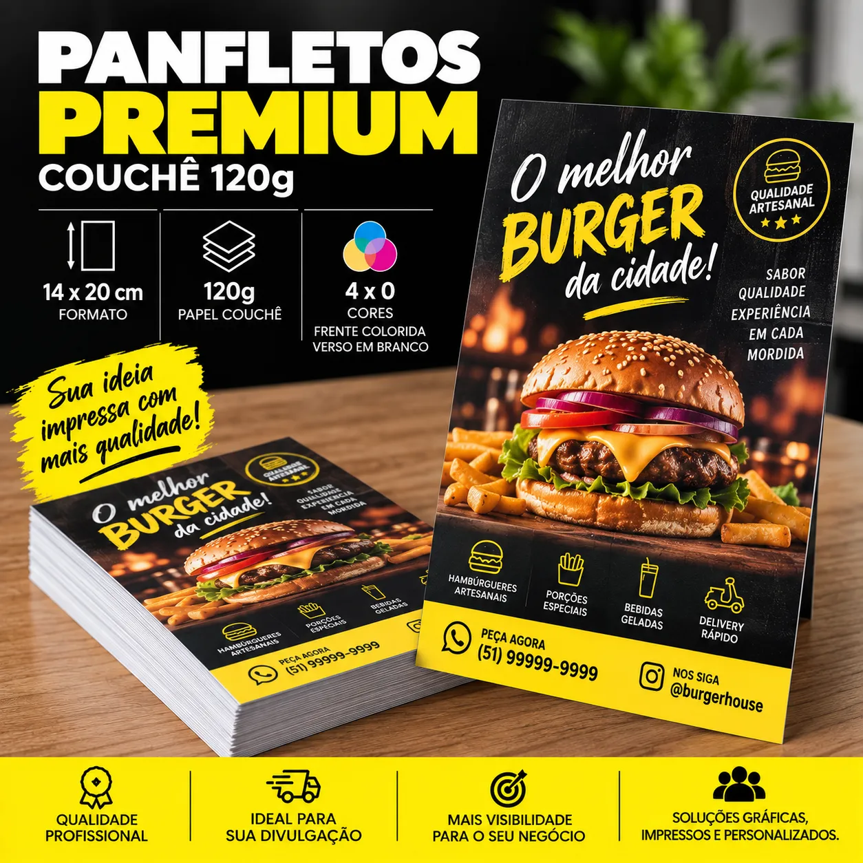 Panfleto Premium 14 × 20 cm em Couchê 120g 4X0 COR