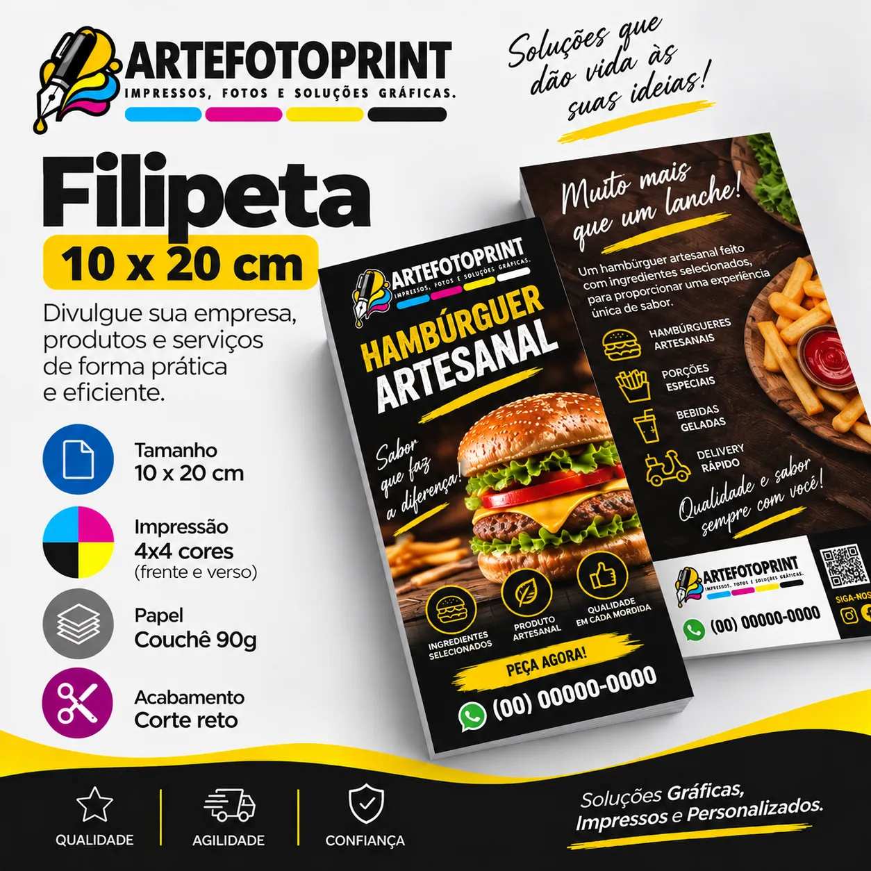 Filipetas 10cm x 20cm Couchê 90g 4x4 cor